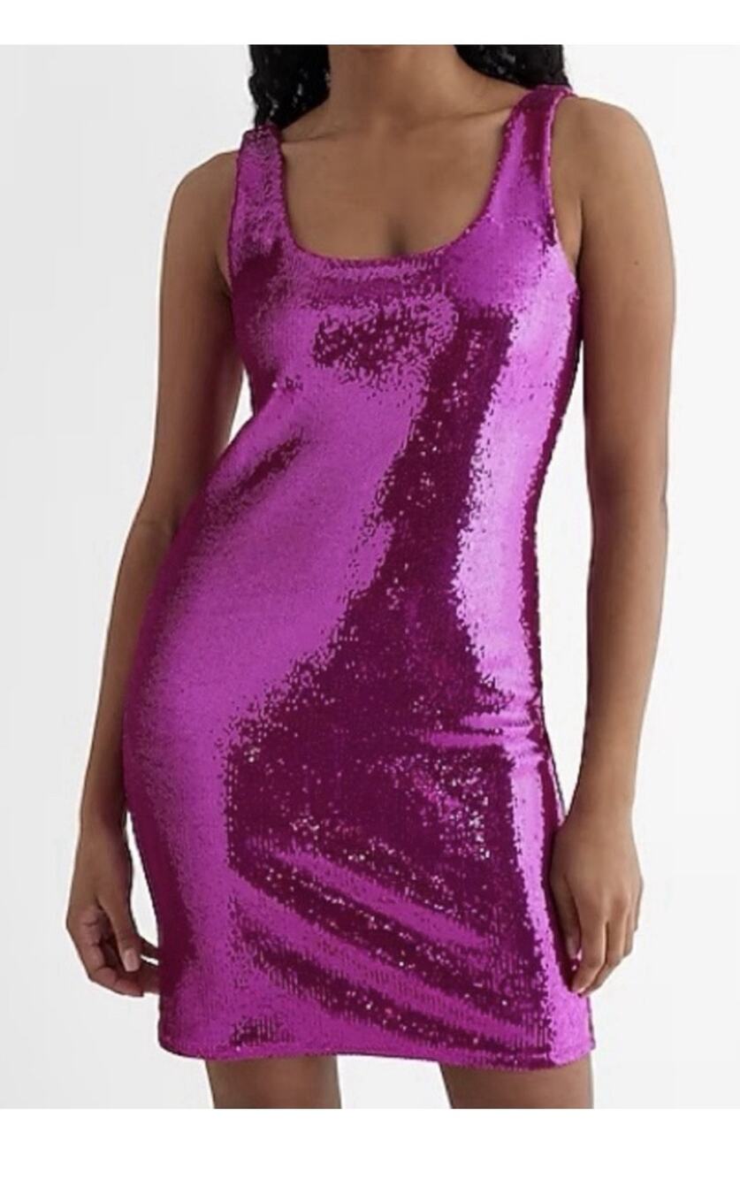 Express Body Contour Sequin Mini Dress Magenta Scoop Neck Sheath Medium